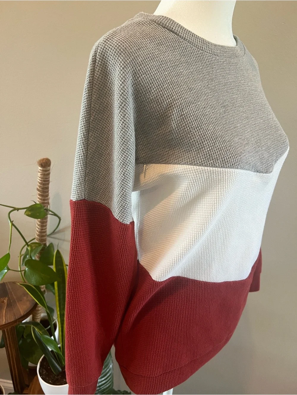 Women’s Colorblock Breastfeeding Waffle-Knit Sweater - Gray, White & Burgundy - Picture 3 of 9